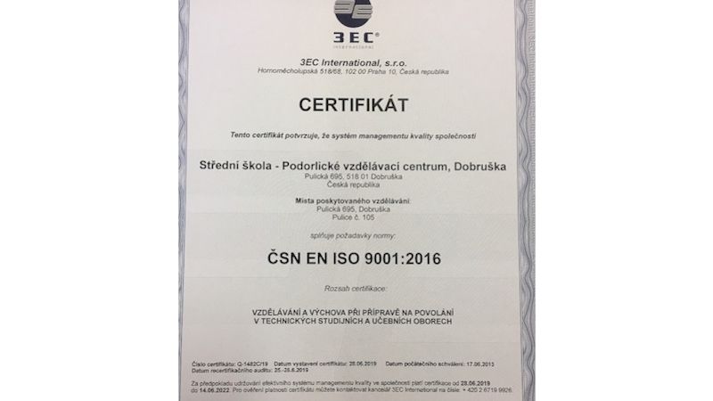 Certifikát ČSN EN ISO 9001 pro SŠ-PVC z Dobrušky
