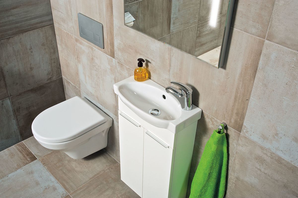 Tigo umývátko 45 x 24 cm je vhodné zejména do úzkých koupelen a WC. Skříňka pod umývátkem má hloubku pouze 16,6 cm.