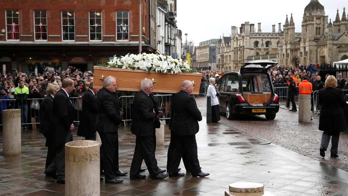 Pallbearers carry the coffin out of Great St Marys Church at the end of the funeral of theoretical physicist Prof Stephen Hawking, in Cambridge, Britain, March 31, 2018. REUTERS/Henry Nicholls
