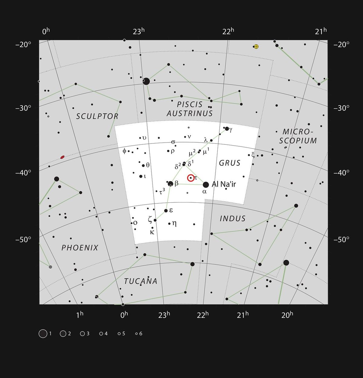 Mapka zachycuje jižní souhvězdí Jeřáb (Grus). Vyznačeny jsou všechny hvězdy viditelné na tmavé obloze pouhým okem. Červeným kroužkem je vyznačena poloha rudého obra π1 Gruis, který s hvězdou π2 Gruis vytváří barevný pár pozorovatelný i malými dalekohledy.