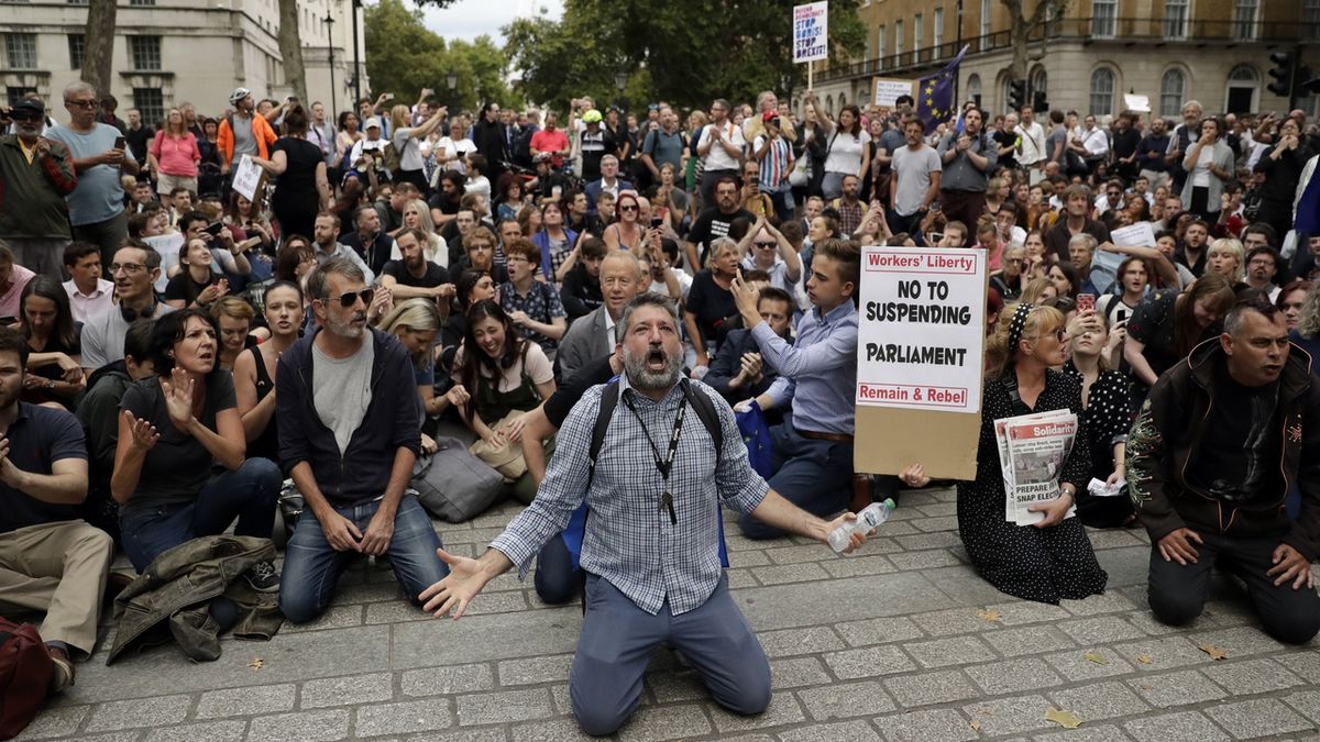 Protestující před sídlem britského premiéra na Downing Street 10.