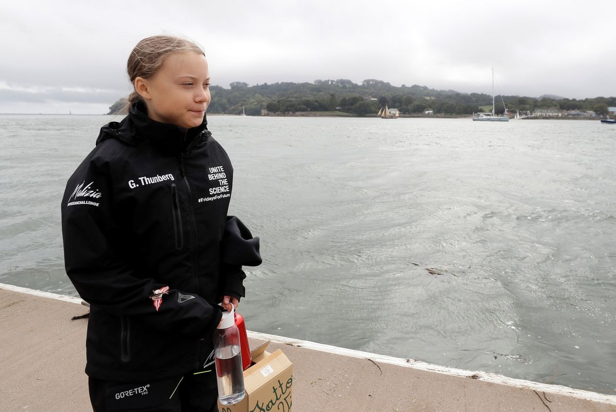 Greta Thunbergová před cestou do USA na speciální lodi Malizia