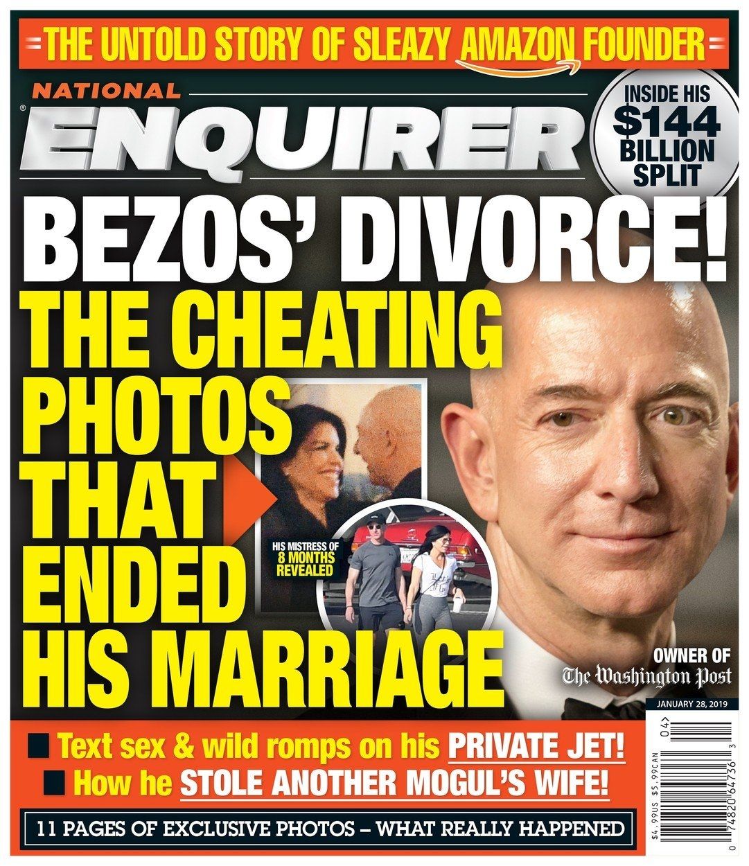 Úvodní strana bulvárního magazínu, který slibuje velké skandální odhalení Bezosovy aféry.