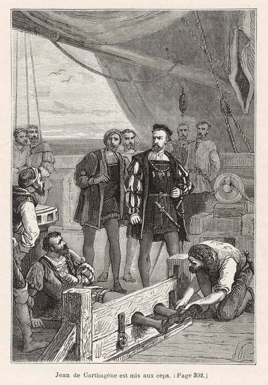 Když kapitán Juan de Cartagena zpochybnil Magalhãesovu autoritu, byl nejprve vsazen do klády.