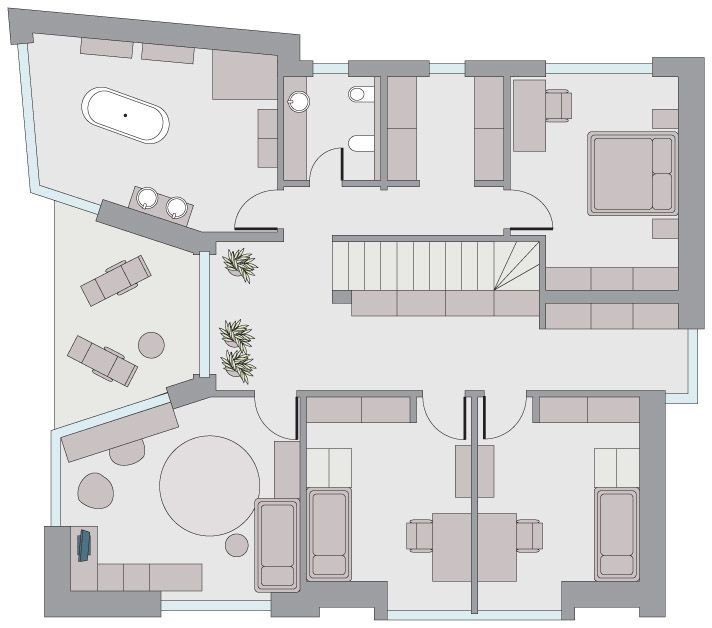 1. patro: Koupelna, WC, šatna, ložnice, terasa, schodiště, chodba, 3x dětský pokoj 
