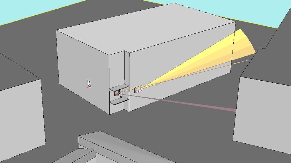 Výstup z programu BuildingDesign – 3D model s dopadajícími slunečními paprsky pro posouzení osvětlení ložnice paní Lenky
