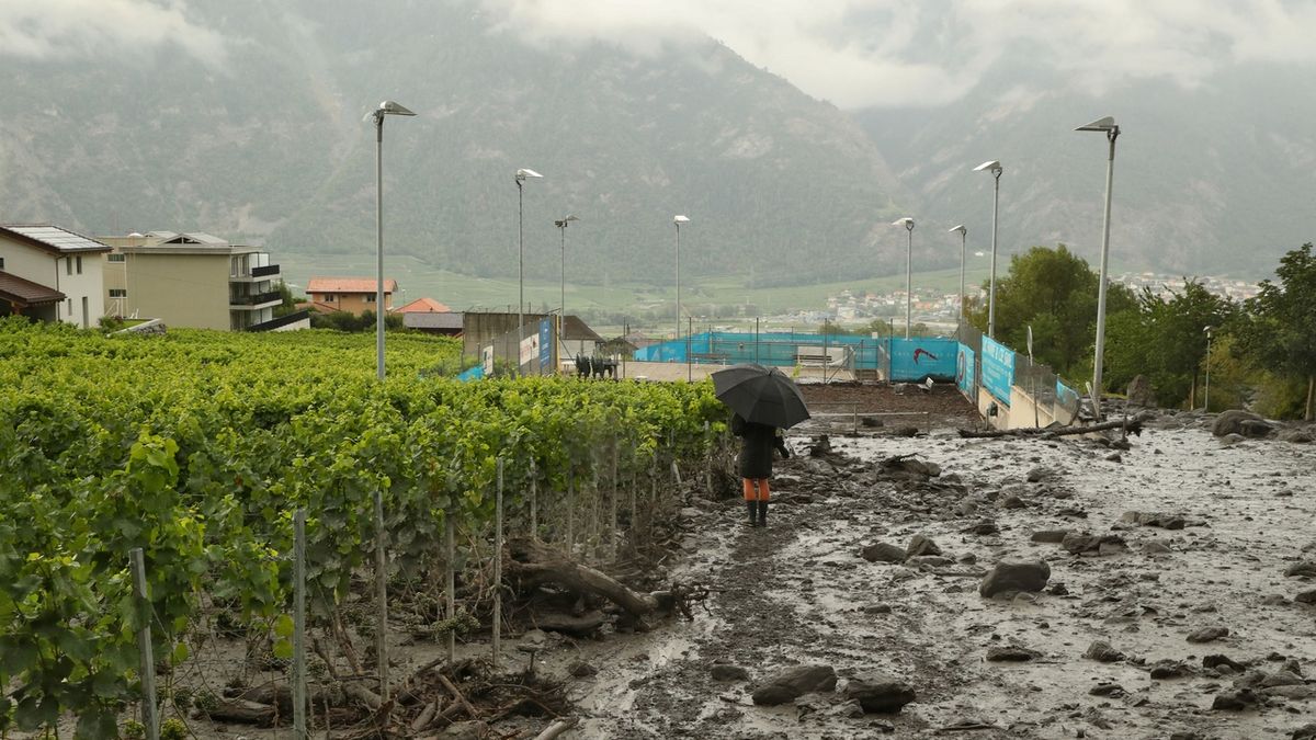 Bahno na vinici po povodni v Chamosonu, kde se rozvodnila říčka Losentze. 
