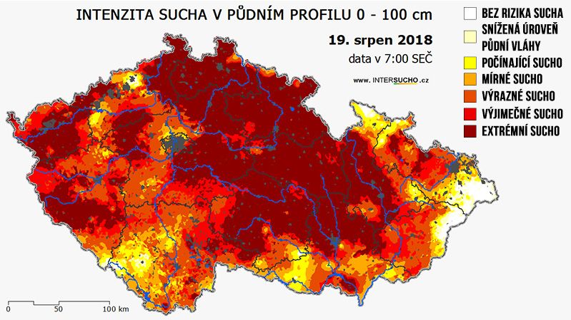 Mapa míry ohrožení půdním suchem v profilu 0 až 100 cm.