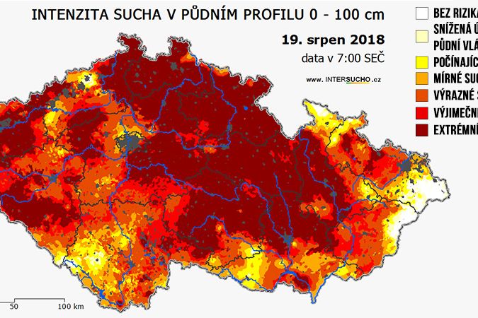 Mapa míry ohrožení půdním suchem v profilu 0 až 100 cm.