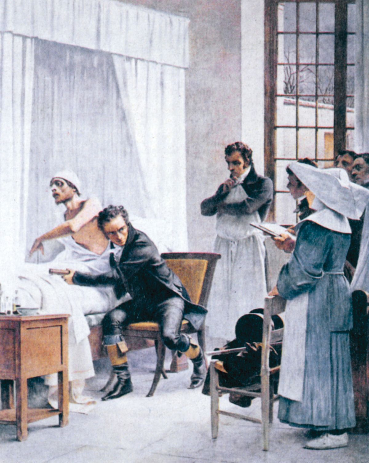 René Laënnec vyšetřuje chorého pomocí svého stetoskopu.