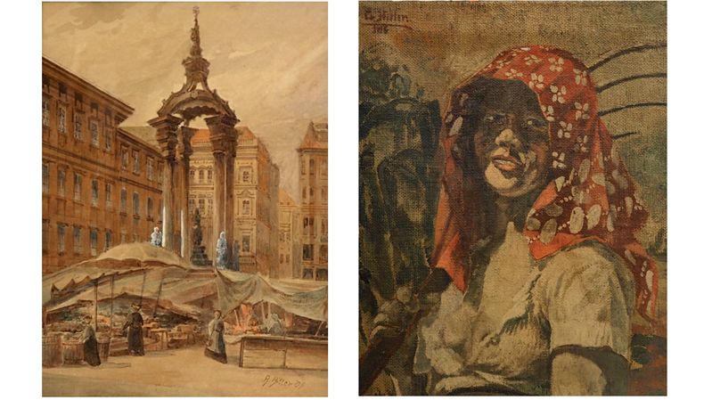Aukční síň Weidler bude dražit olejomalbu Adolfa Hitlera, na níž zpodobnil svou dávnou francouzskou milenku Charlottu Lobjoieovou (vpravo) a akvarel nazvaný Trh s vysokou fontánou. 