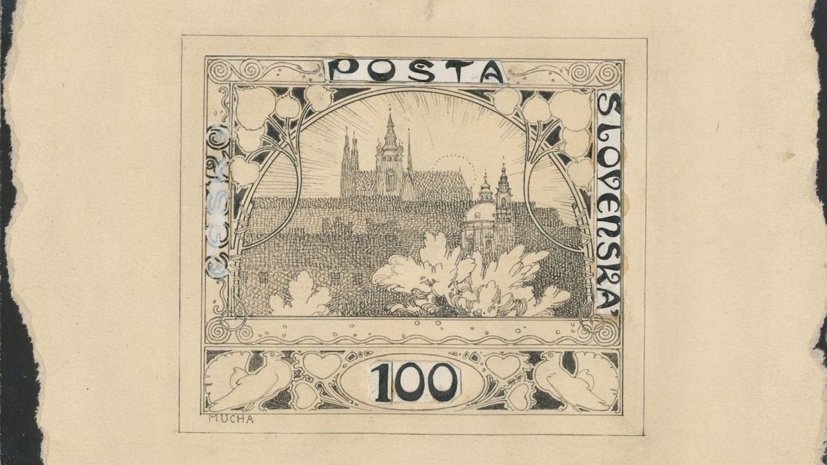 Původní návrh Alfonse Muchy na první československou výplatní známku Hradčany, která vyšla 18. prosince 1918.