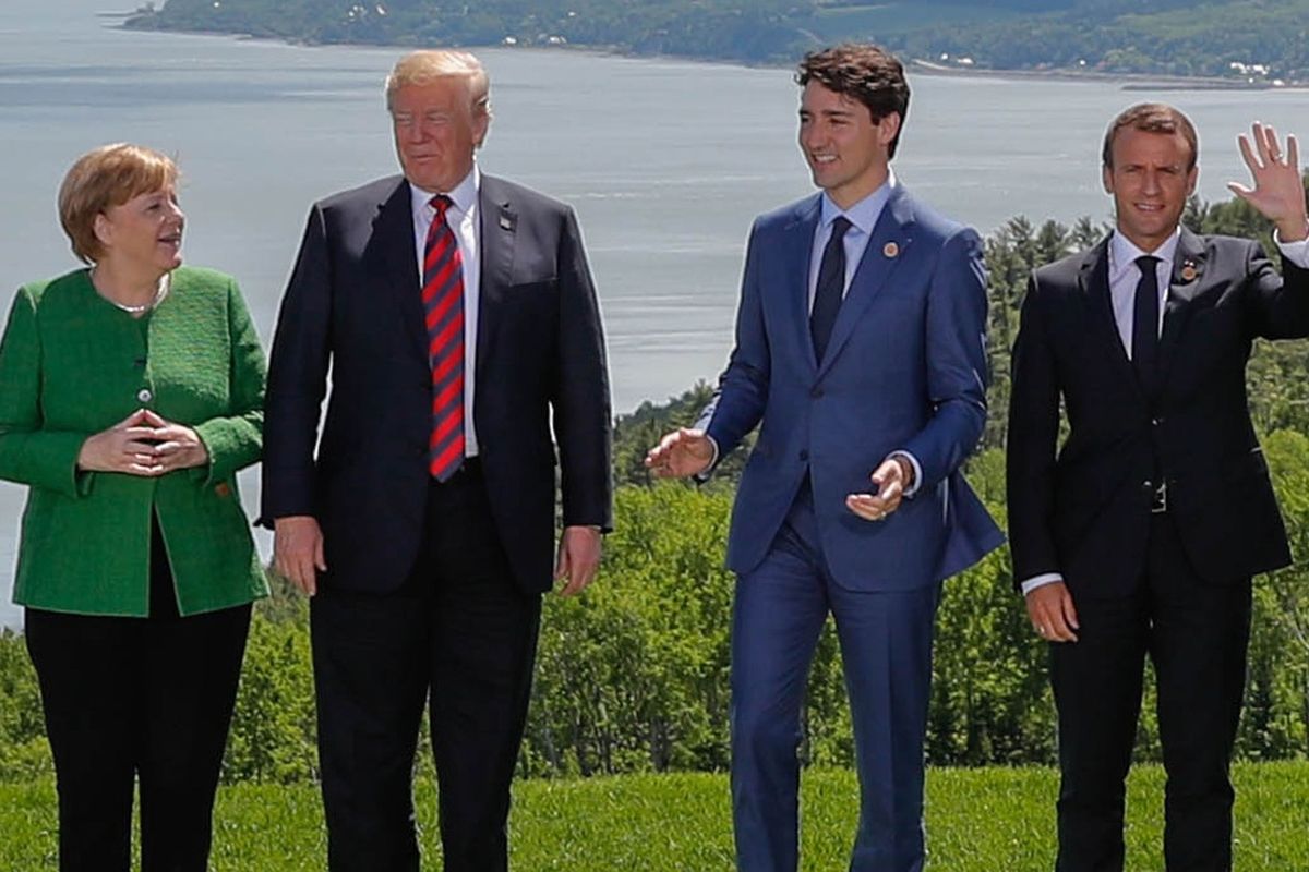Zleva Angela Merkelová, Donald Trump, Justin Trudeau a Emmanuel Macron na jednání G7 