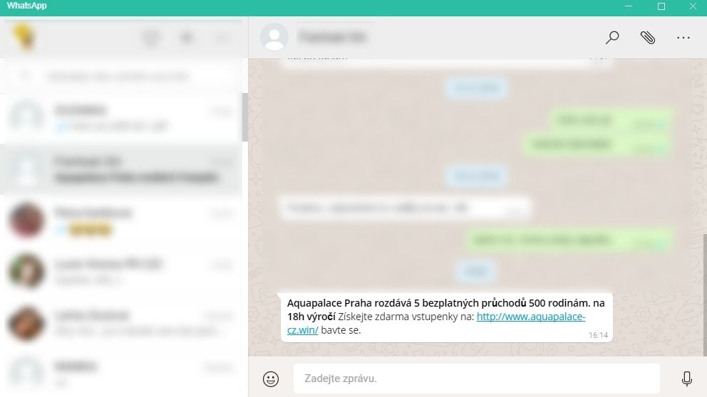 Ukázka podvodné zprávy na WhatsAppu