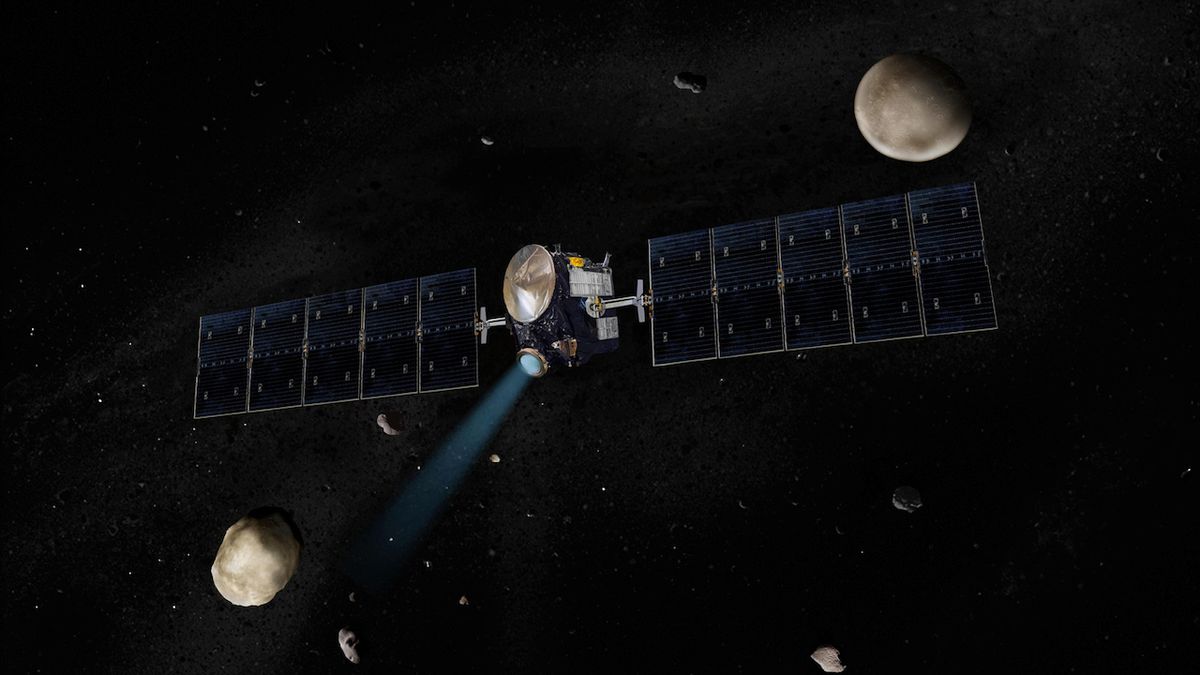 Ilustrace sondy Dawn s planetkou Vesta (vlevo dole) a trpasličí planetou Ceres