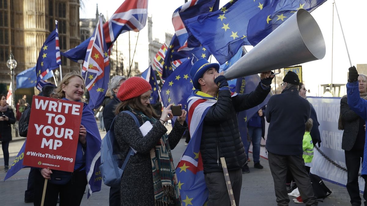 Proevropští demonstranti v úterý protestovali před britským parlamentem.