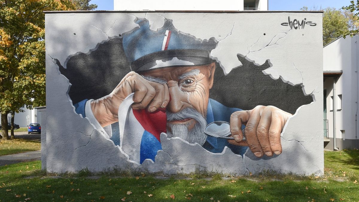 Obří graffiti portrét prvního československého prezidenta T. G. Masaryka vytvořil v rámci letošního Street Art Festivalu v Olomouci umělec ChemiS.