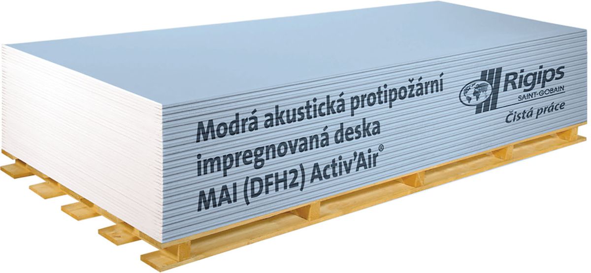 Modrá akustická protipožární impregnovaná deska MAI (DFH2) Activ’Air® je určena pro konstrukce se zvýšeným požadavkem na vzduchovou neprůzvučnost a požární odolnost. Cena bez DPH je 143,5 Kč/m2. 
