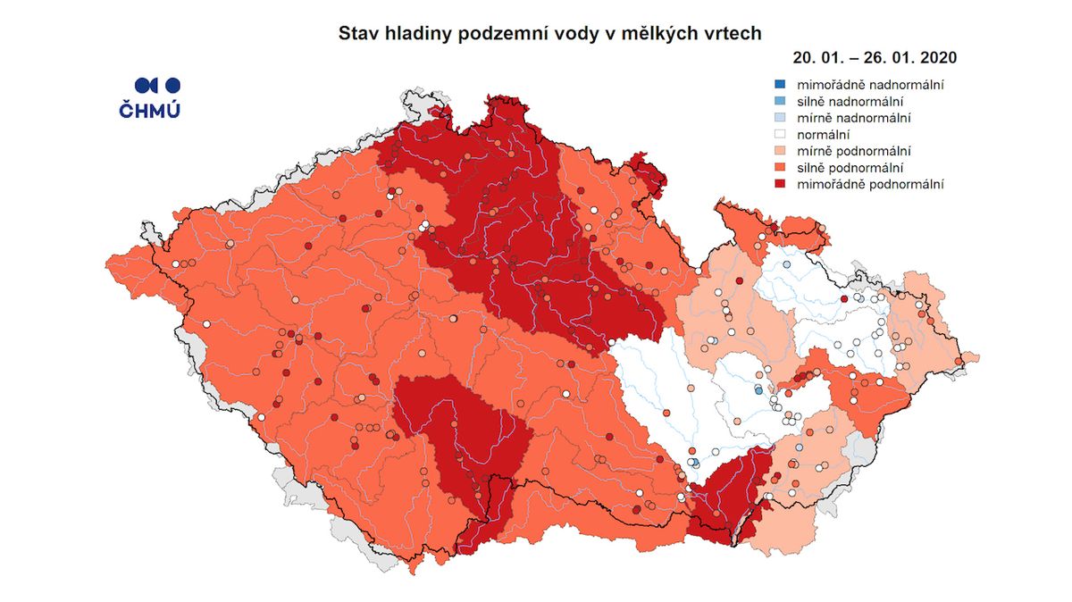 Mapa stavu hladiny podzemní vody v mělkých vrtech v České republice