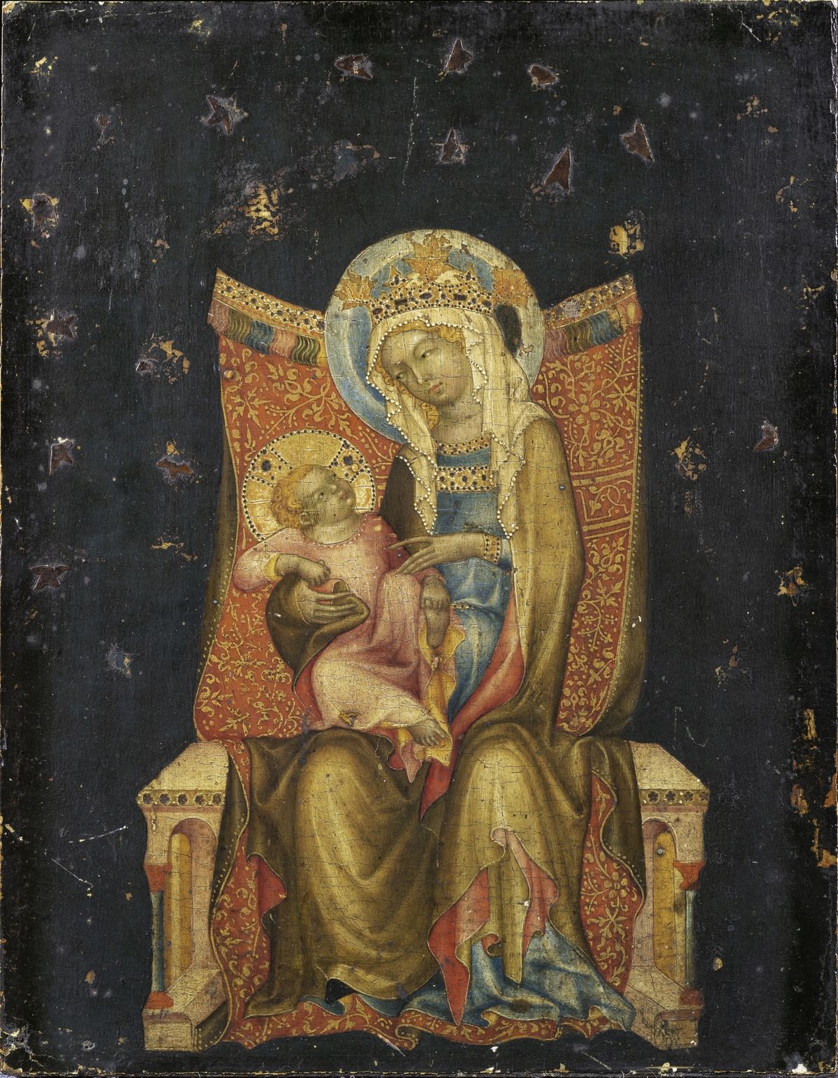 Obraz nazvaný Trůnící Panna Marie s dítětem z dílny Mistra vyšebrodského oltáře