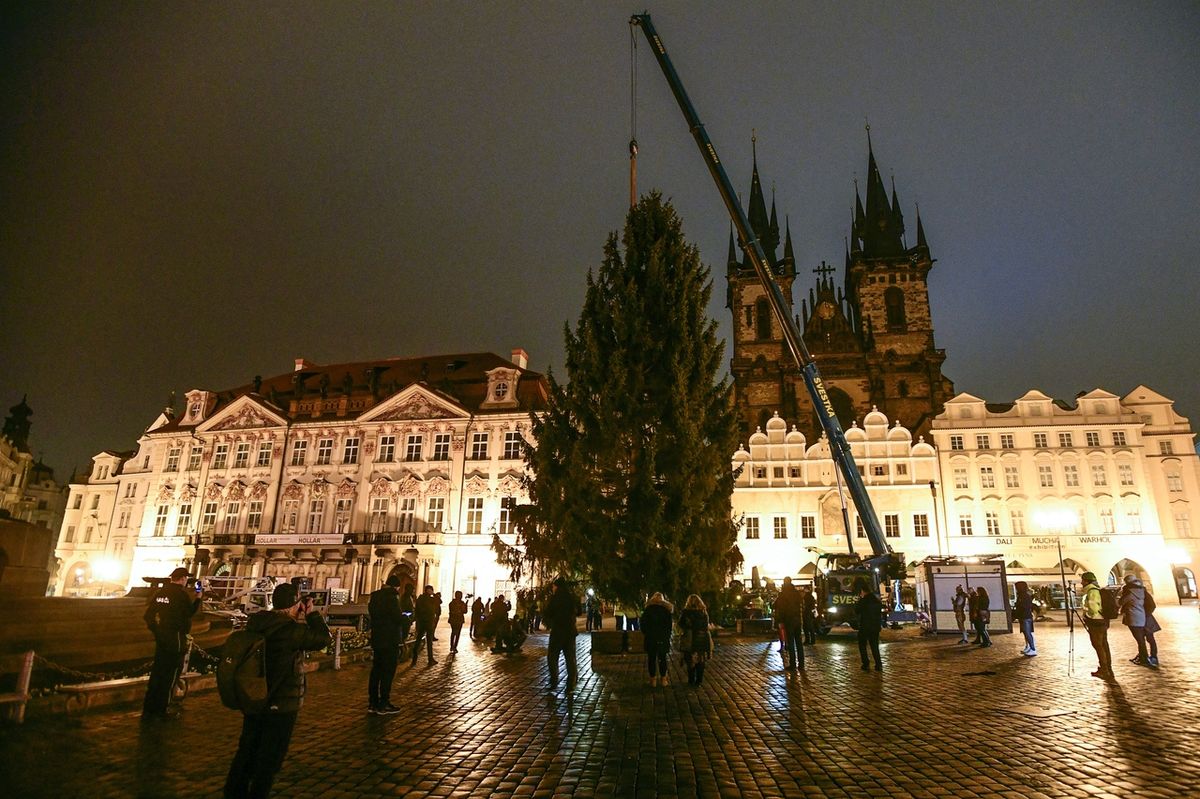 Instalace vánočního stromu na Staroměstském náměstí