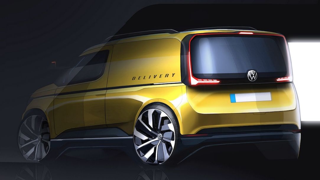 Nový Volkswagen Caddy jako designérská skica předprodukčního vozu.