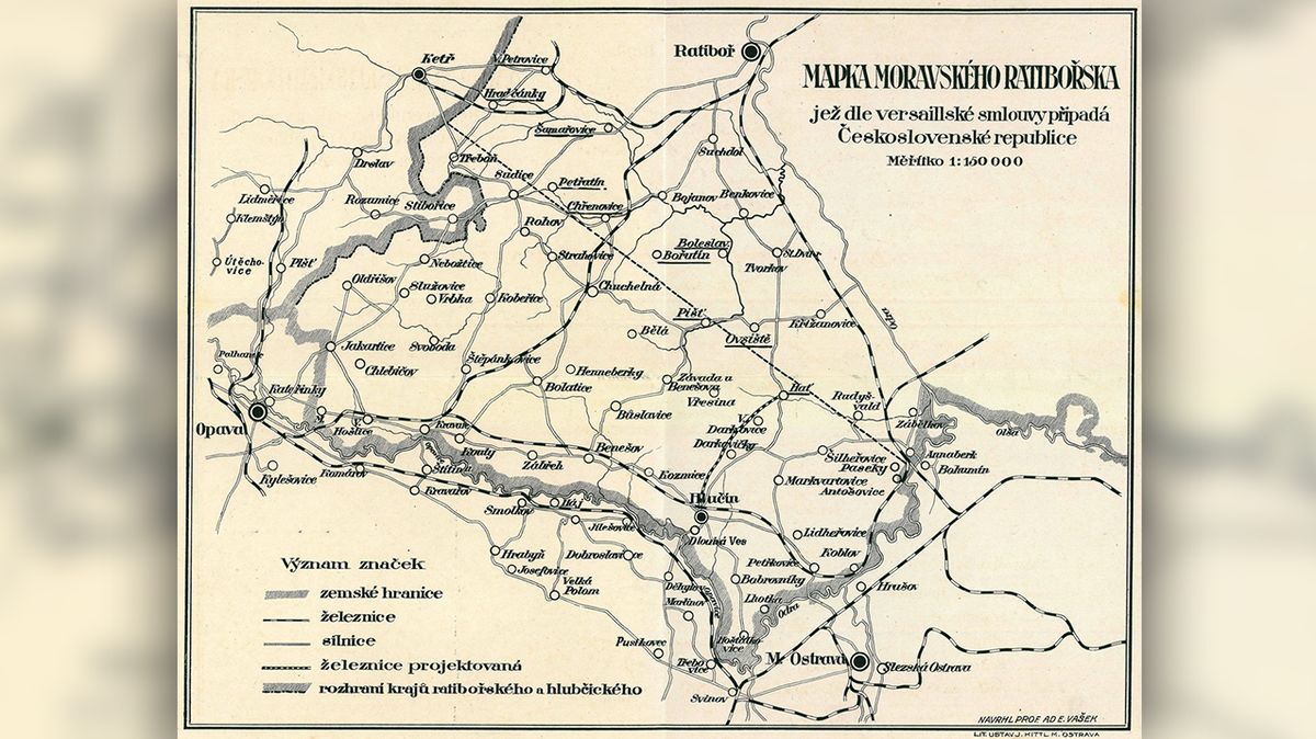 Na mapě je vidět způsob určení severní hranice Hlučínska přímkou.