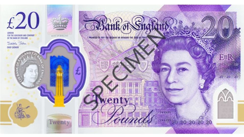Přední strana nové dvacetilibrové bankovka s podobiznou královny