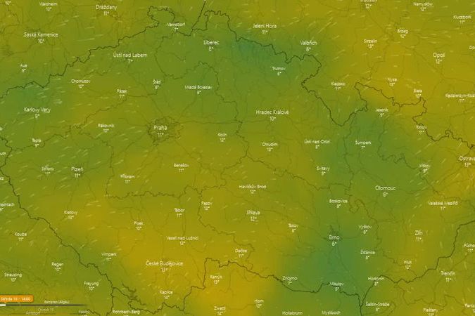 Animace vývoje teplot v ČR během středečního dne