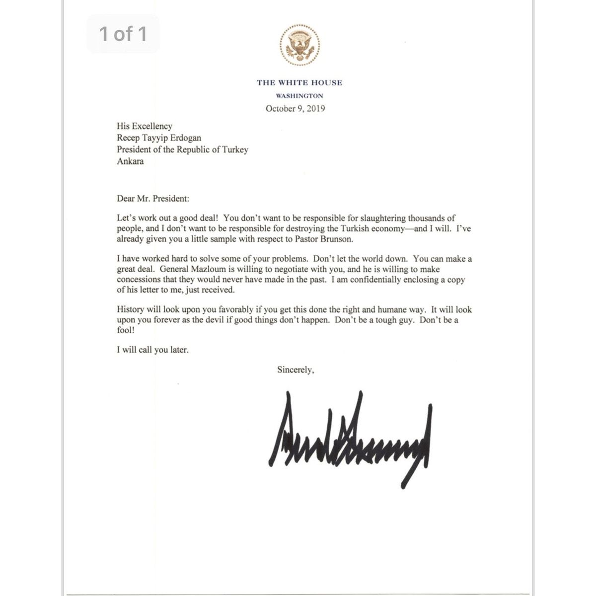 Dopis amerického prezidenta tureckému