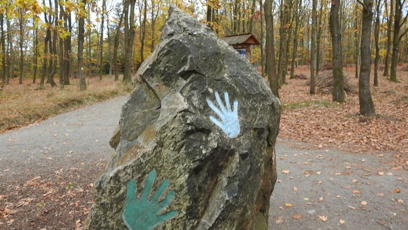 Křemencový menhir na Podhůře. Přiložením dlaně na otisk ve skále se údajně můžete dobít. Přinejmenším je to dobrá opěra