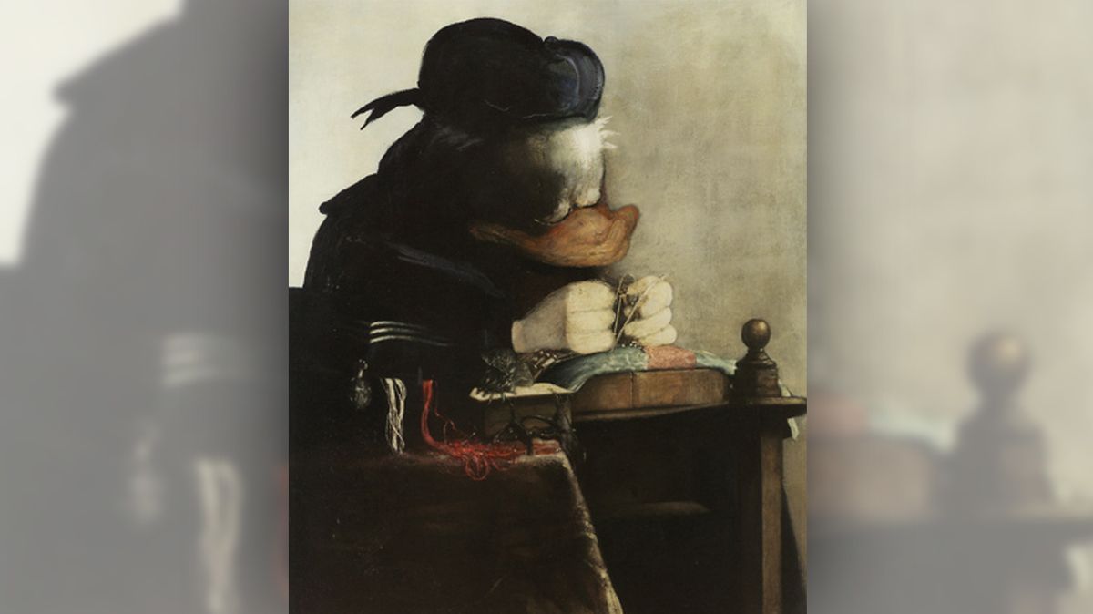 Olej Krajkář čerpá tematicky ze slavného díla Vermeera van Delfta.