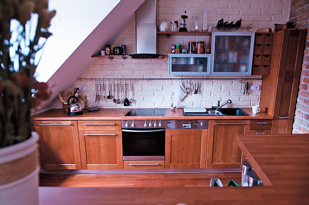 Kuchyňská linka není nijak předimenzovaná, úložný prostor je i v praktickém pultu tvořícím předěl od obývací části.