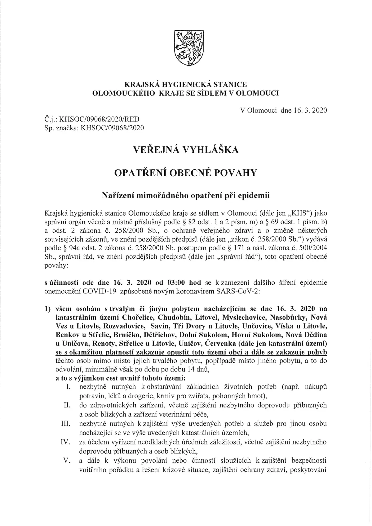 Nařízení mimořádného opatření pro obce na Olomoucku