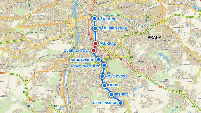 Plánovaná trasa metra D. Začne se červeně vyznačeným úsekem mezi dvěma stanicemi Pankrác a Olbrachtova