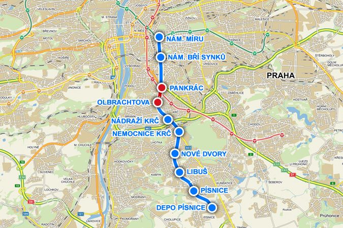 Plánovaná trasa metra D. Začne se červeně vyznačeným úsekem mezi dvěma stanicemi Pankrác a Olbrachtova 