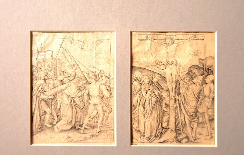 Albrecht Glockendon: Šimon Kyrejský, 1500,list s pašiového cyklu, mědirytina.
Kristus umírá na kříži, 1500, list s pašiového cyklu, mědirytina
