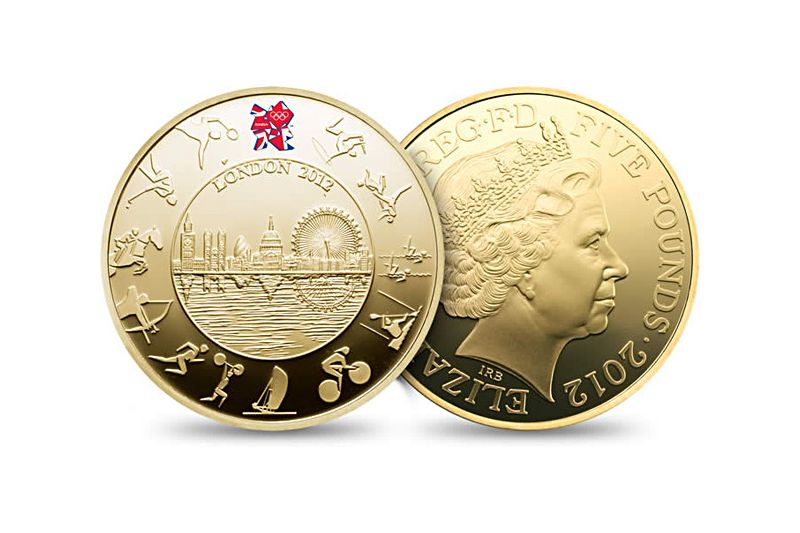Oficiální zlatá olympijská mince vydaná Britskou královskou mincovnou.