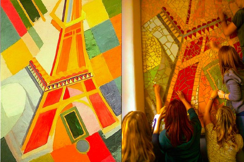 Vlevo: předloha: Robert Delaunay - Eiffel Tower 
Vpravo: studenti hodonínské průmyslovky při práci na mozaice podle předlohy.