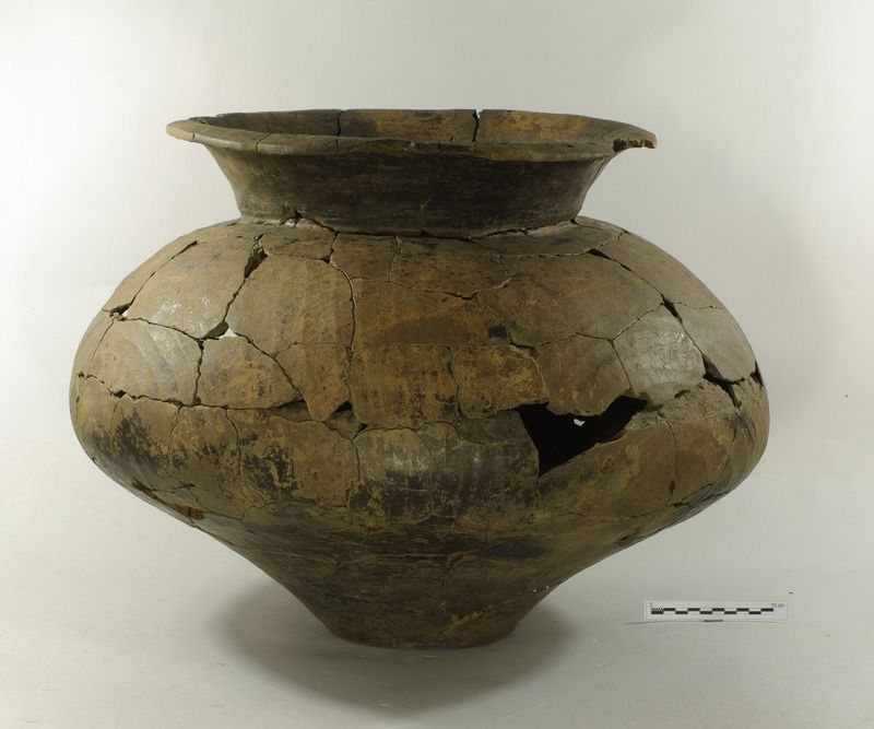 Nalezená popelnice, tedy nádoba, do níž se ukládal popel zemřelých a která se následně pohřbívala do země. Období - knovízská kultura doby bronzové.
