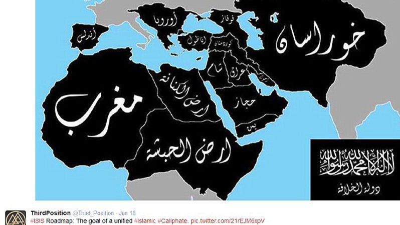 Mapa zveřejněná na sociální síti Twitter ukazuje území, která mají islamisté z ISIL v plánu dobýt a spojit do jednotného islámského chalífátu.