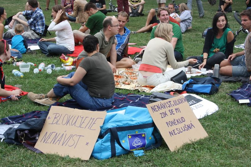 Piknik v trávě se aktivistům vydařil, byl přerušen jen asi půlhodinovým pochodem za extremisty.