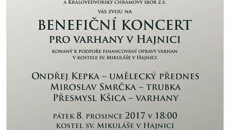 V Hajnici se po mnoha letech rozezní varhany na benefičním koncertu s recitací Ondřeje Kepky.