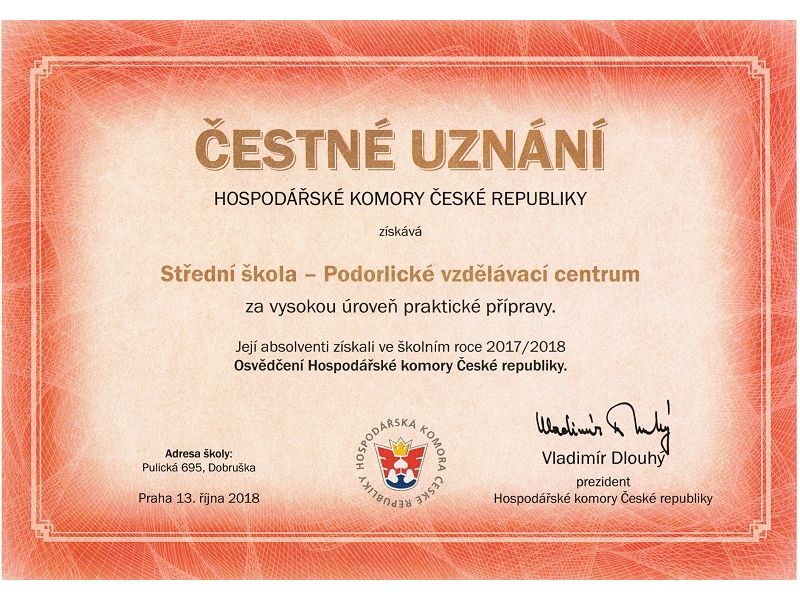 Čestné uznání pro SŠ - PVC z Dobrušky