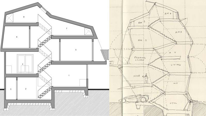 Vlavo: realizovaný plán domu, vpravo: skica, která dokazuje, že architekt zachoval svůj původní záměr a všechny místnosti propojil dominantním schodištěm.