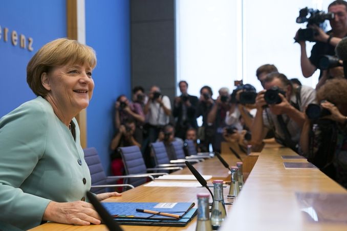 Německá kancléřka Angela Merkelová na tiskové konferenci v Berlíně