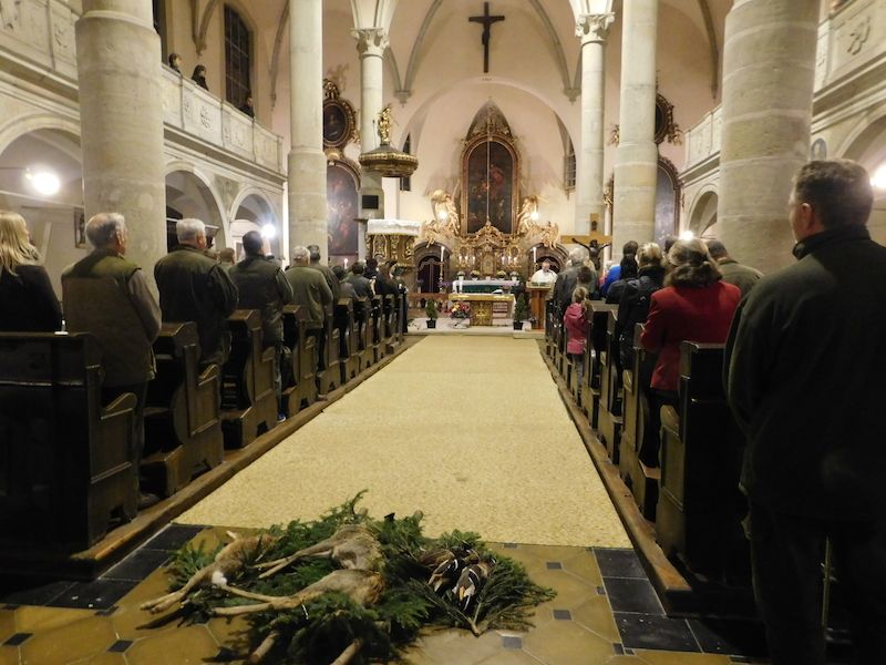 Kostel Nejsvětější Trojice v Opočně během Svatohubertské mše.