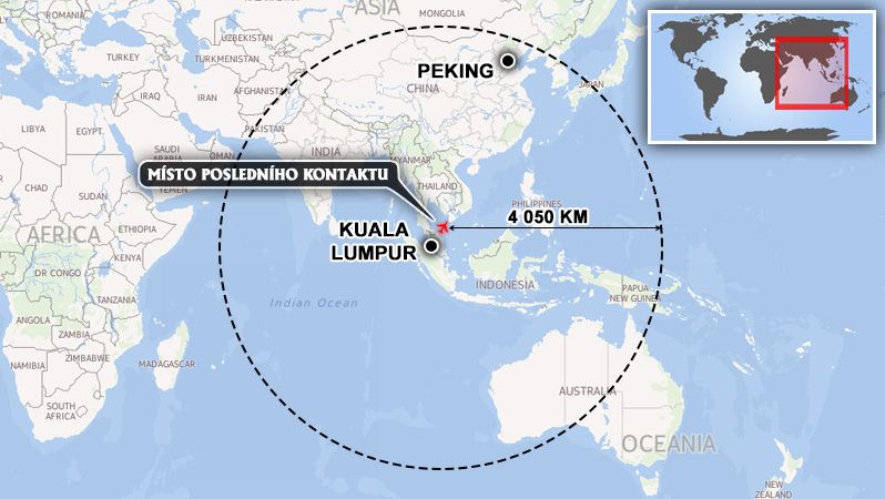 Oblast, kam až mohl doletět Boeing 777 malajských aerolinek z místa a odkud se naposledy ohlásil.