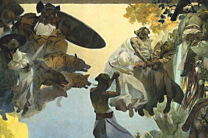 Mytologické postavy se často vznášejí v oblacích, realita a fantazie se tak vzájemně snoubí – detail ze Slavnosti Svantovitovy na Rujaně.