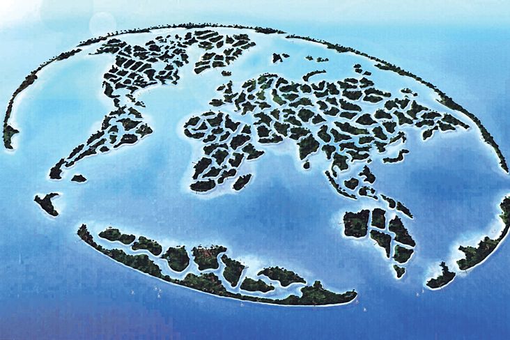Tři stovky umělých ostrůvků jsou poskládány tak, aby ztvárnily kontinenty Země, jak je známe ze školních map. 